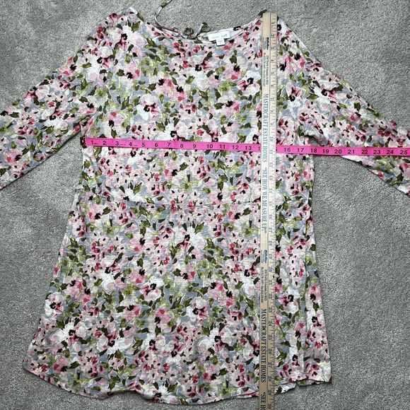 J Jill Love Linen 100% Linen Blouse Pink Green Watercolor Floral Shirt Sz Small - Picture 10 of 14